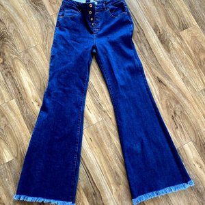 C'est Toi Women Jeans Flared Denim Blue Button Wide Leg Pants Mid Rise Size 13